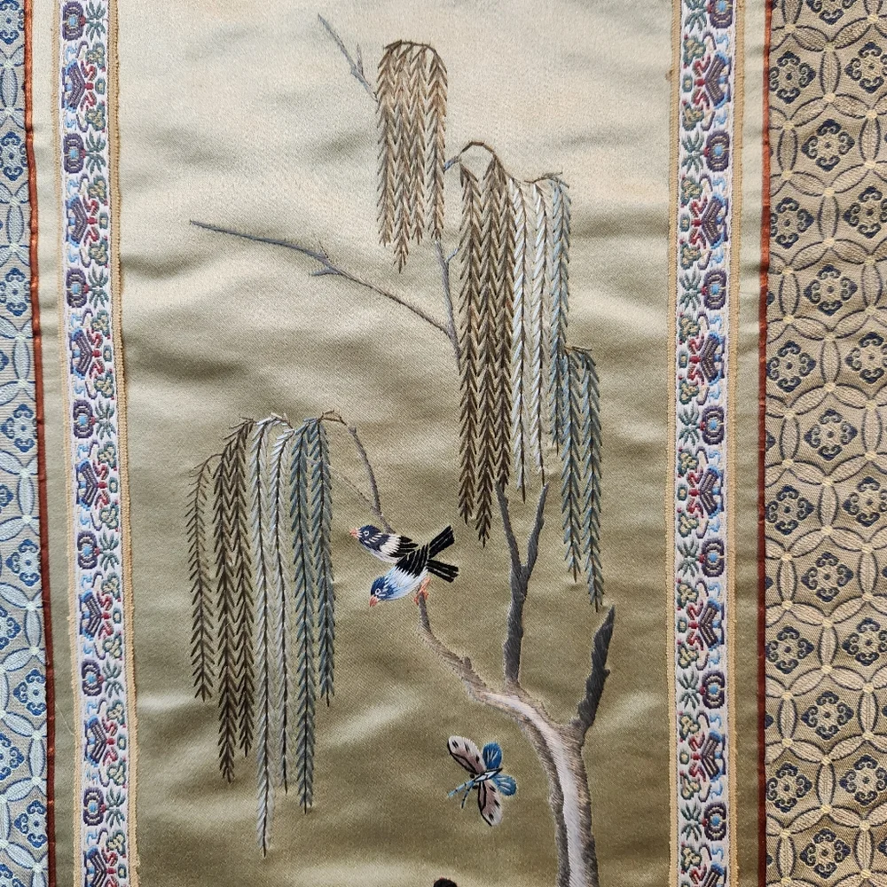 Vintage Hand Embroidered Chinese Silk Bamboo Garden Landscape Art Panel Tapestry